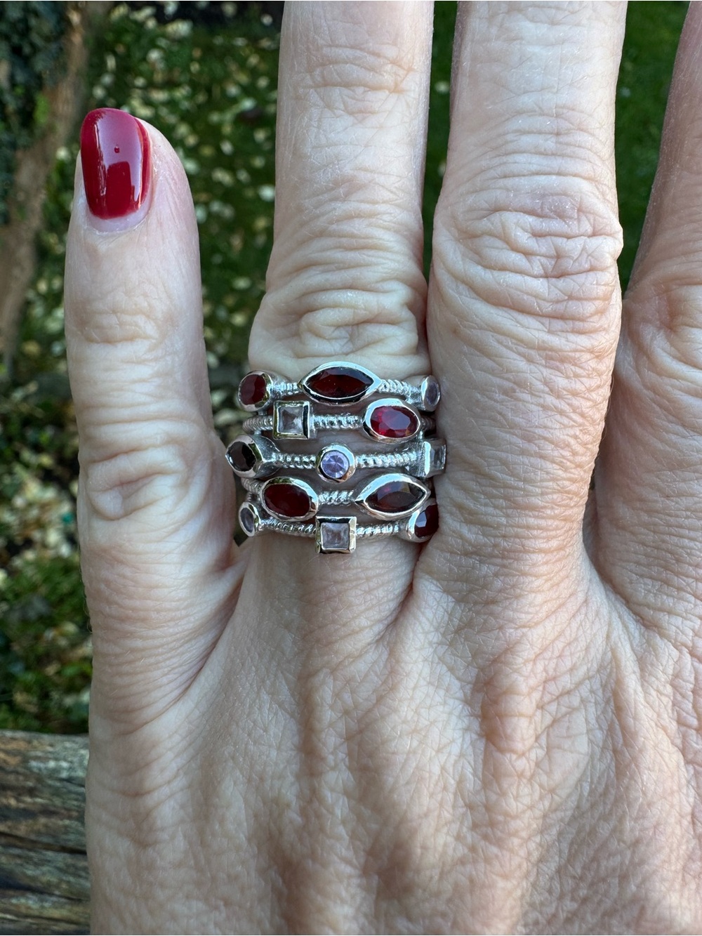 Silver Stack Ring Red Multicolour Stones Berry Confetti Style size 6.5 N 925